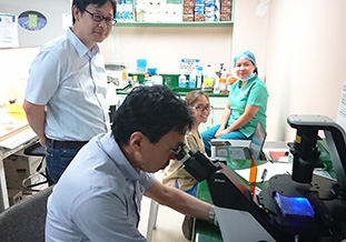フィリピン研究所のスタッフとウイルスの増殖を<br />確認する西園教授（右）と山田准教授（左）